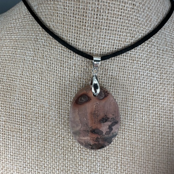Oval Red Flower Picture Jasper Pendant on Black Satin Rope - Picture 7 of 13